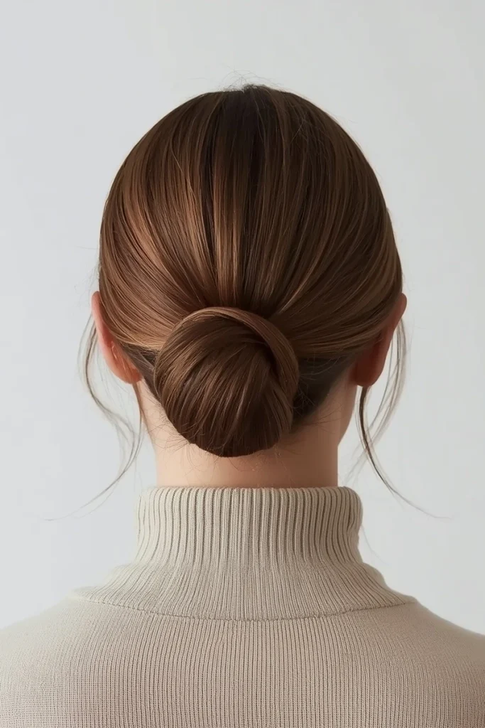 Classic low bun at the nape on shoulder-length hair, turtleneck sweater, back view