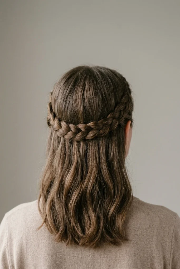 Braided crown wrap across the back of the head on shoulder-length hair, rest left down past the shoulders