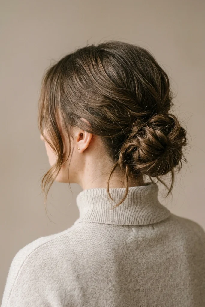 Loose twisted updo on shoulder-length hair with soft face-framing pieces left out around the ears