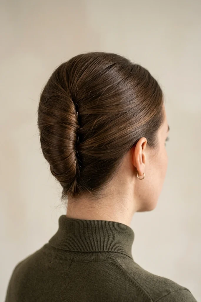 Classic sleek low French twist along the back of the head on shoulder-length hair, polished with no loose strands