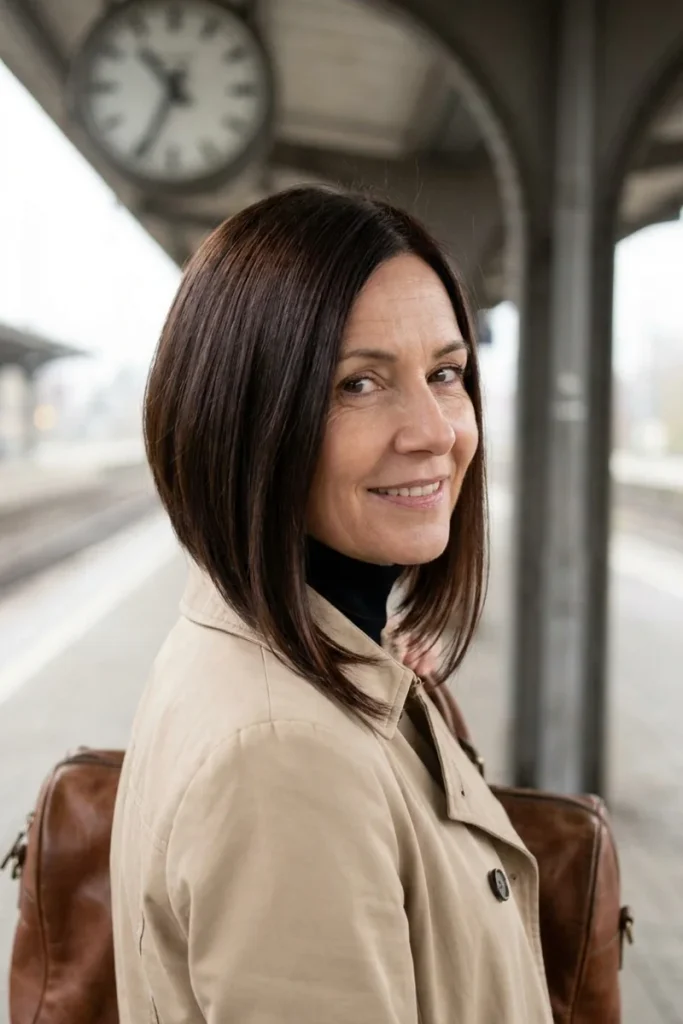 A-line bob in glossy espresso brown, shorter at the back and longer at the front, on a smiling woman over 50 on a train platform