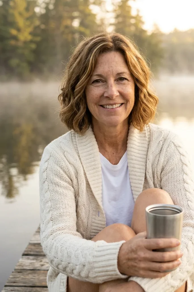 Air-dried wavy bob in warm caramel with loose natural waves on a smiling woman over 50 sitting on a lakeside dock