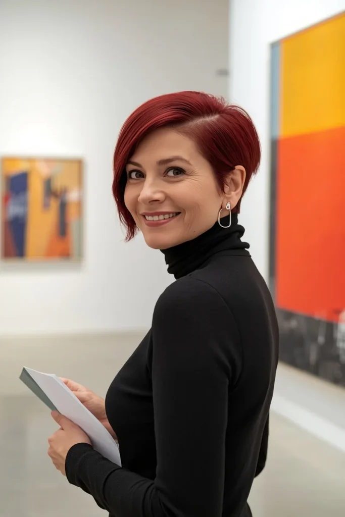 Asymmetrical deep red pixie cut with one short tapered side and a long angled side on a smiling woman over 50 in a black turtleneck at an art gallery