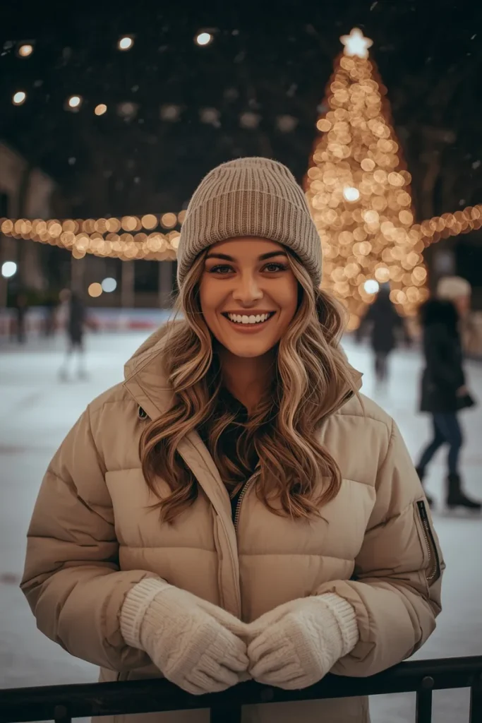 Soft loose waves under an oatmeal knit beanie, smiling woman in a puffer jacket at an outdoor Christmas ice skating rink