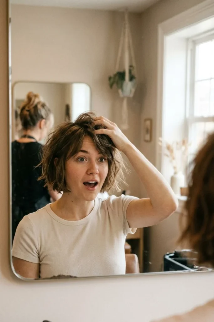 Woman with genuine shocked expression touching her new bob haircut in the mirror