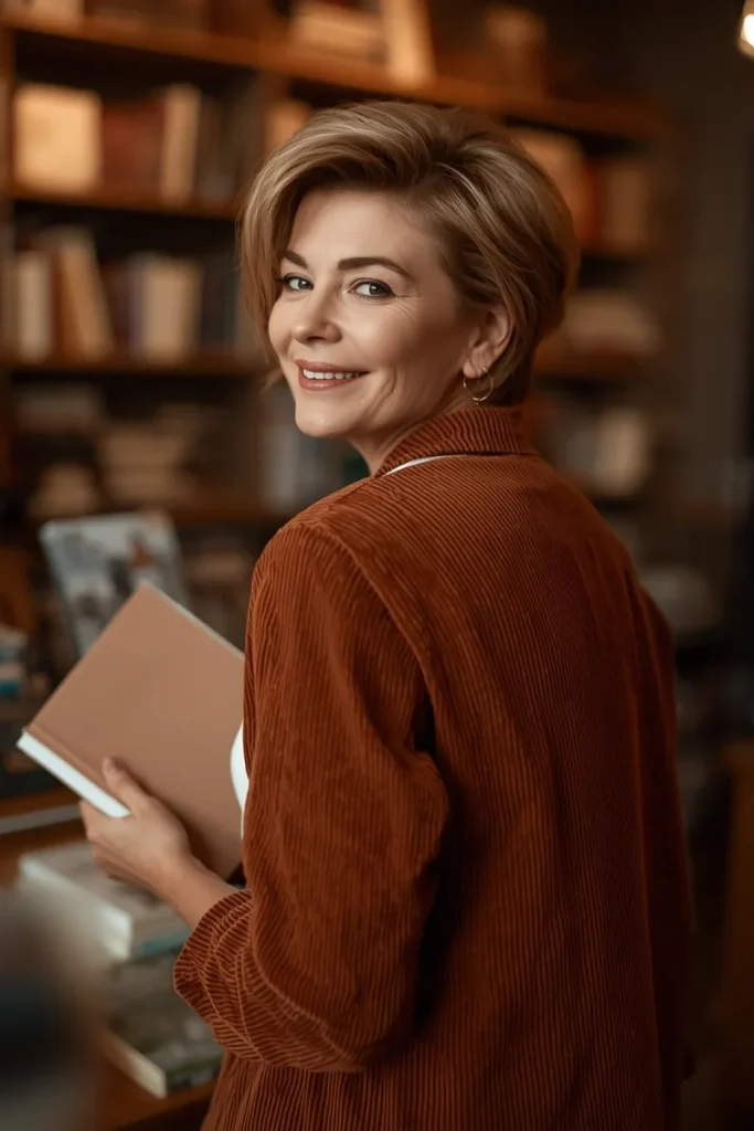 Caramel blonde bixie cut with a full crown and ear-length layers on a smiling woman over 50 looking over her shoulder in a bookstore