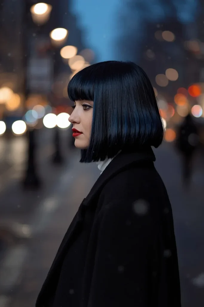 Glossy blue-black blunt bob with bangs on a woman with red lipstick on a city street on a winter night