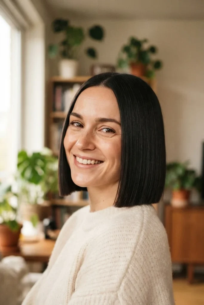 Woman with a sleek, one-length blunt bob haircut smiling in a cozy living room