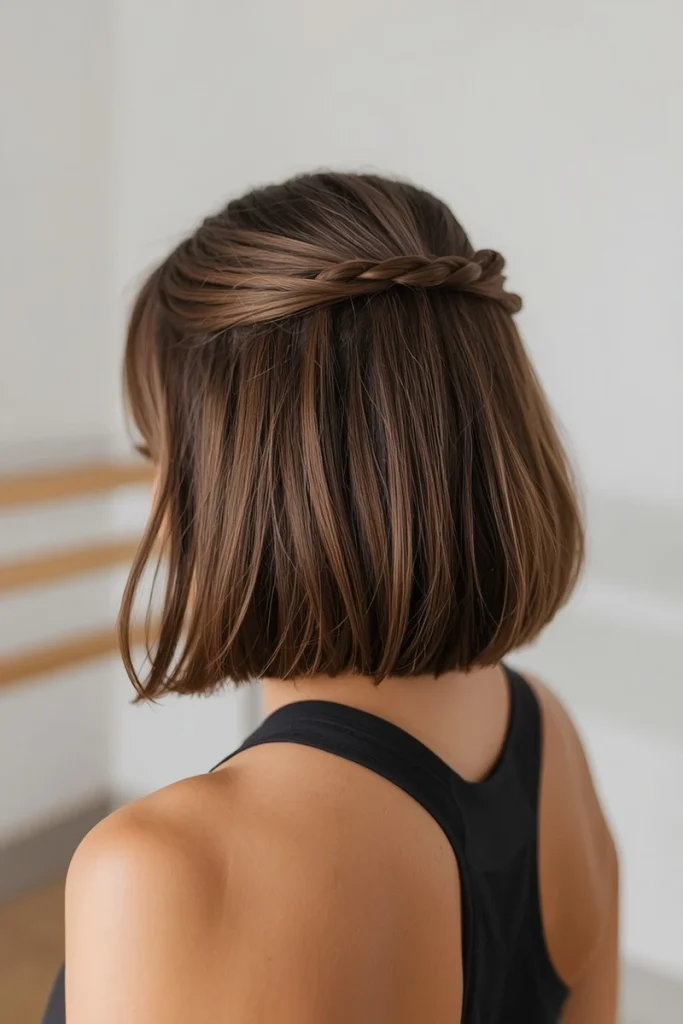 Bob hair with a half-up twist secured at the crown