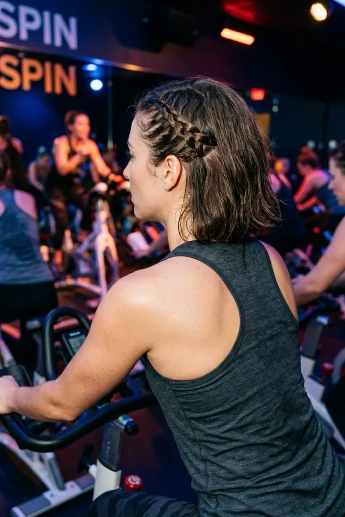 Bob-length hair with a mini French braid at the front hairline for spin class