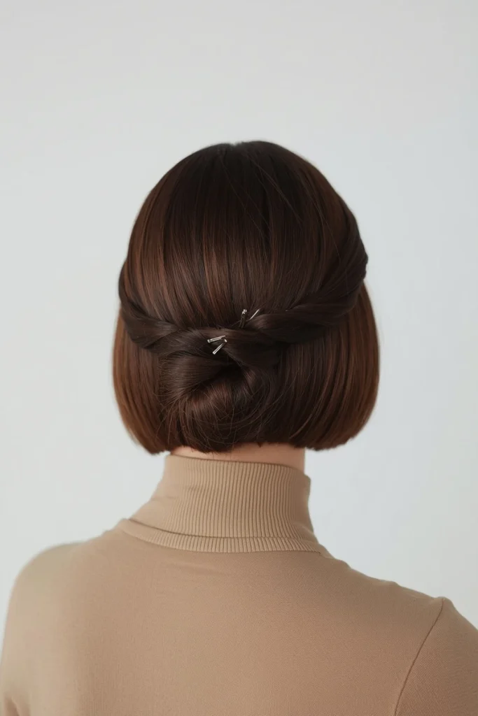 Bob-length hair pinned and twisted into a faux bun updo at the nape, held with bobby pins