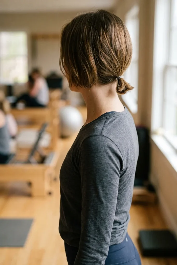 Tiny low ponytail on bob-length hair during a Pilates class