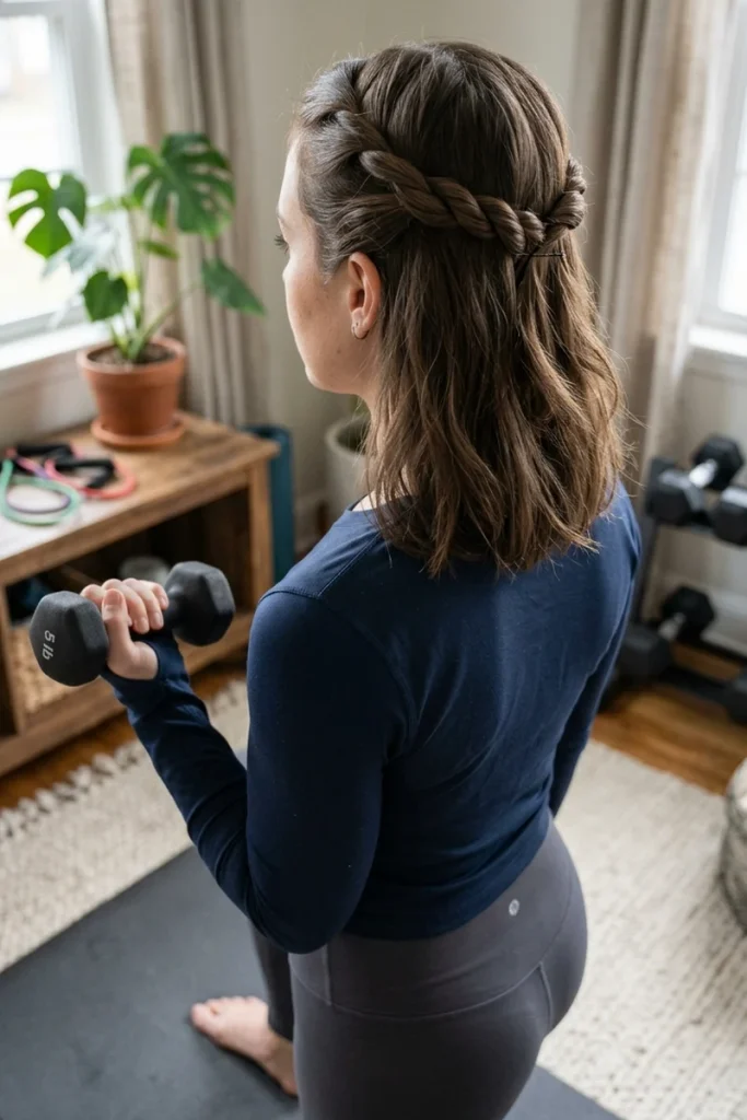 Two-strand twist pinned back on bob hair during a home workout