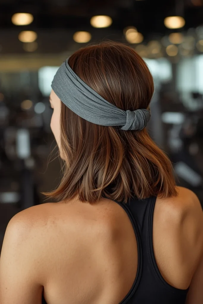 Wide fabric headband holding back bob-length hair at the gym