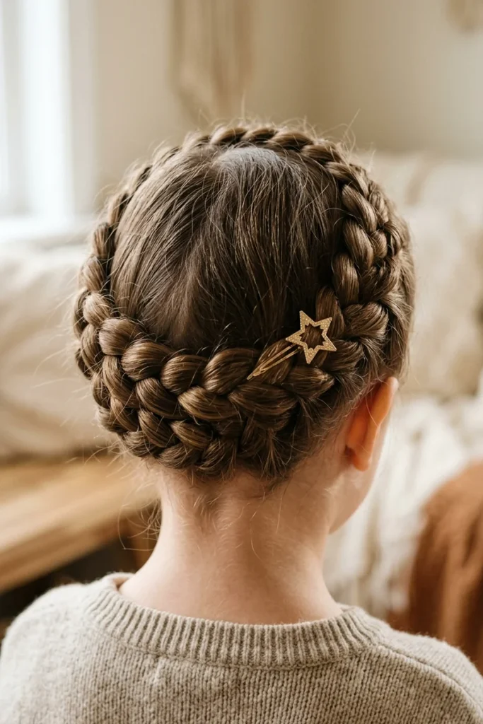 Child's braided crown hairstyle with a gold star clip accent