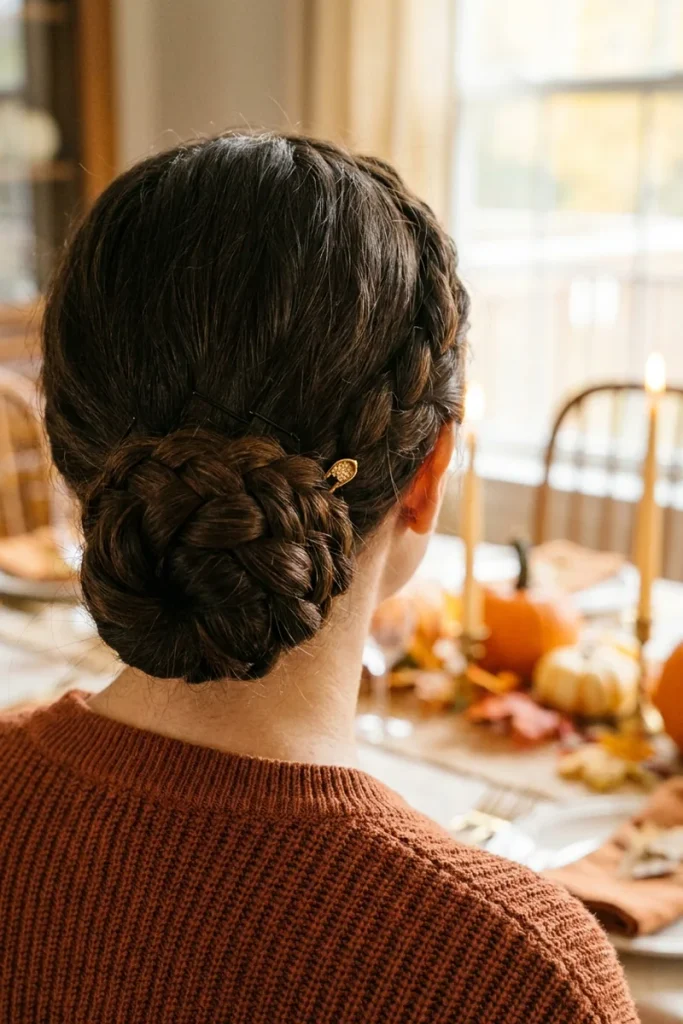 Braided low bun with a gold hair pin on dark brown hair at a Thanksgiving table with pumpkins and candles