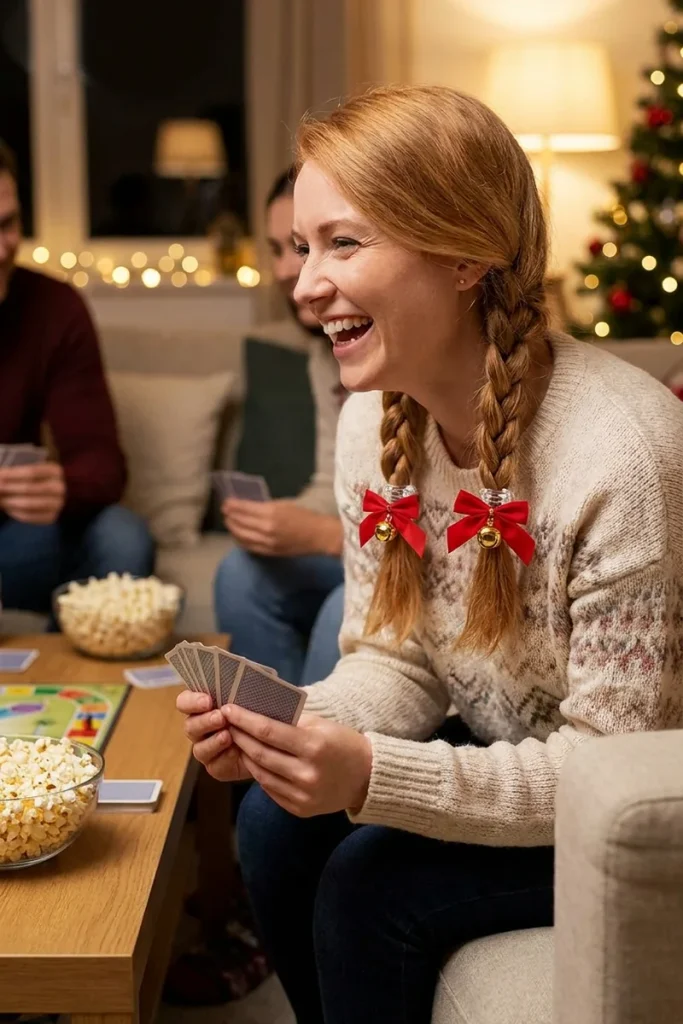 Braided pigtails with red ribbon bows and gold jingle bells on strawberry blonde hair, woman laughing at a holiday game night