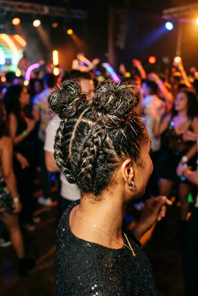 Braided space buns hairstyle with holographic tinsel woven in