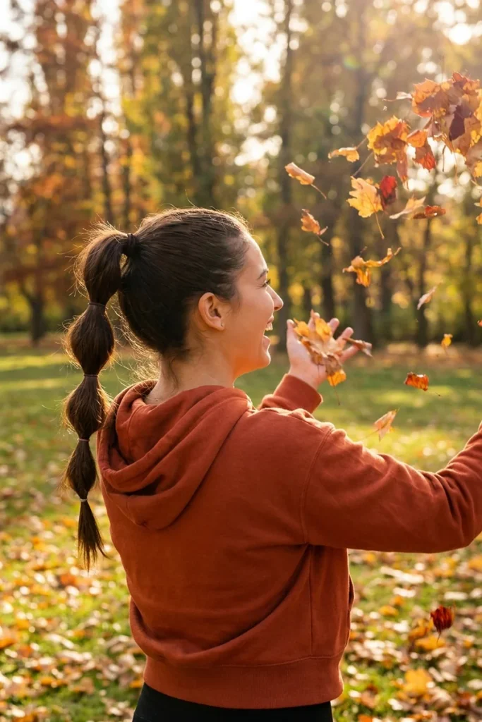 Bubble ponytail on dark brown hair, laughing woman tossing autumn leaves in a sunny park