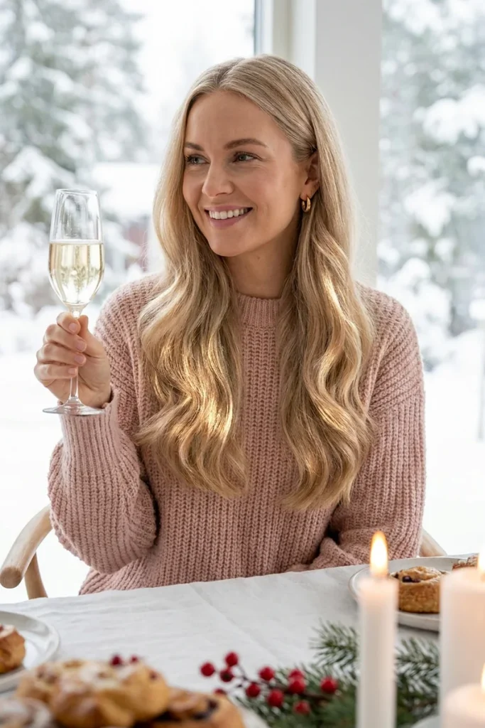 Glossy champagne blonde waves on a smiling woman raising sparkling wine at a winter brunch table with snow outside