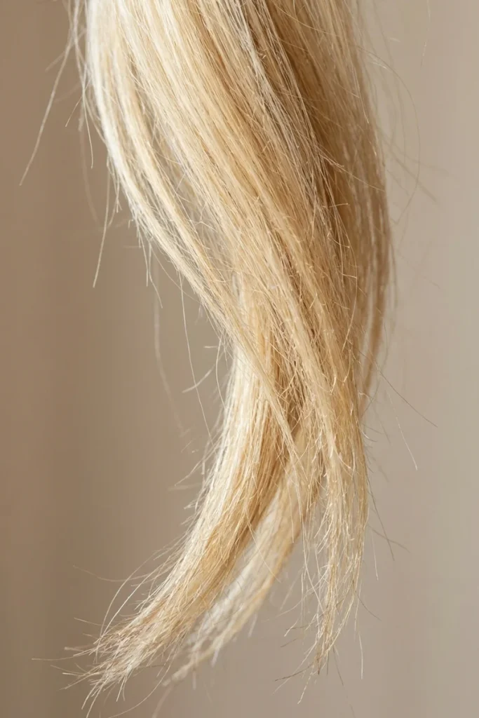 Close-up of bleached and color-processed hair strand showing porous texture and frizz