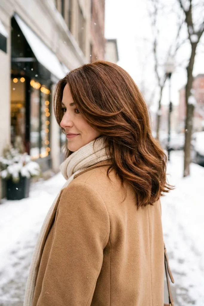 Glossy chestnut brown layered waves on a woman in a camel coat and cream scarf on a snowy city street