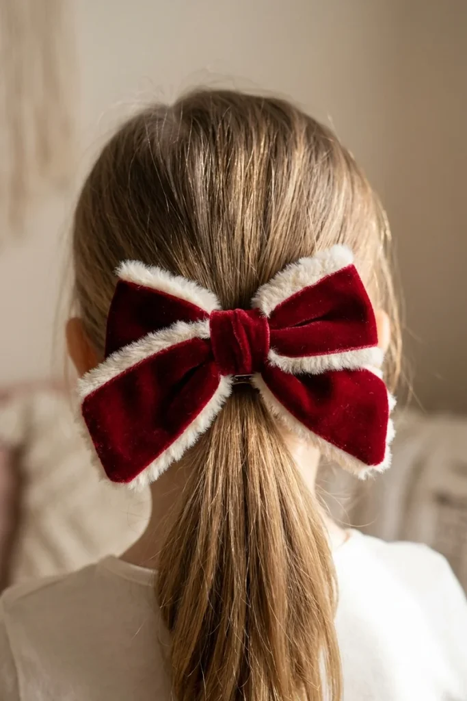Child's ponytail with a large red velvet bow and faux-fur trim clipped at the base