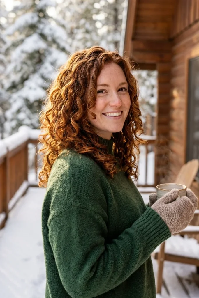 Curly cinnamon auburn hair on a smiling freckled woman in a green sweater on a snowy cabin porch