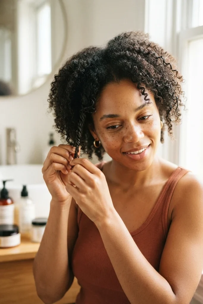 Woman doing a two-strand twist-out on coily hair in a bright bathroom