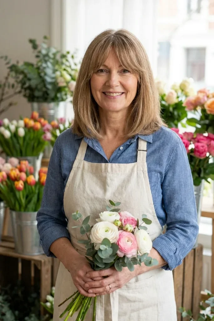 Collarbone-length bob with center-parted curtain bangs in soft light brown on a smiling woman over 50 holding a bouquet in a flower shop