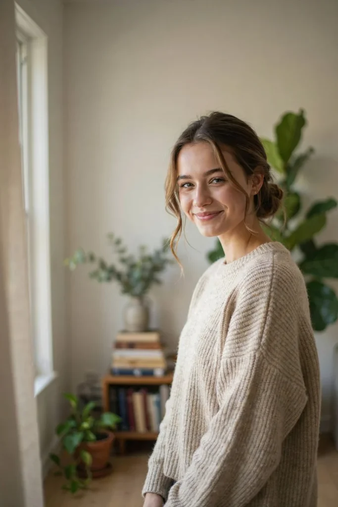 Woman with collarbone-length hair styled in a low bun during hair growth transition
