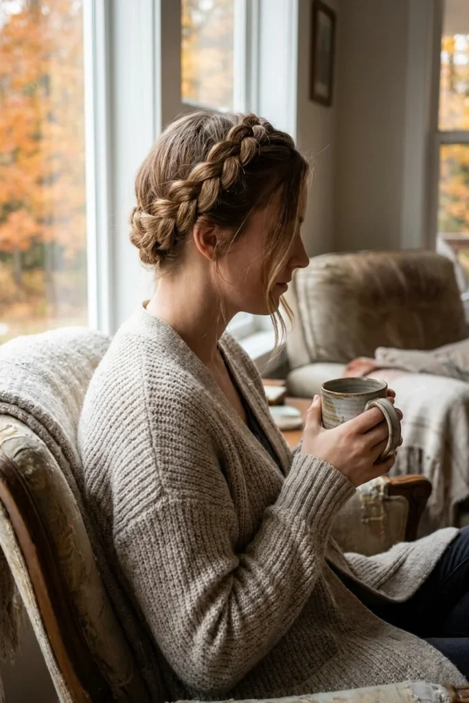 Crown braid on light brown hair with soft face-framing pieces, woman holding a mug by a window with autumn trees