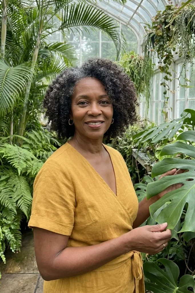 Rounded curly bob with defined coils and silver-gray curls at the temples on a smiling woman over 50 in a botanical greenhouse