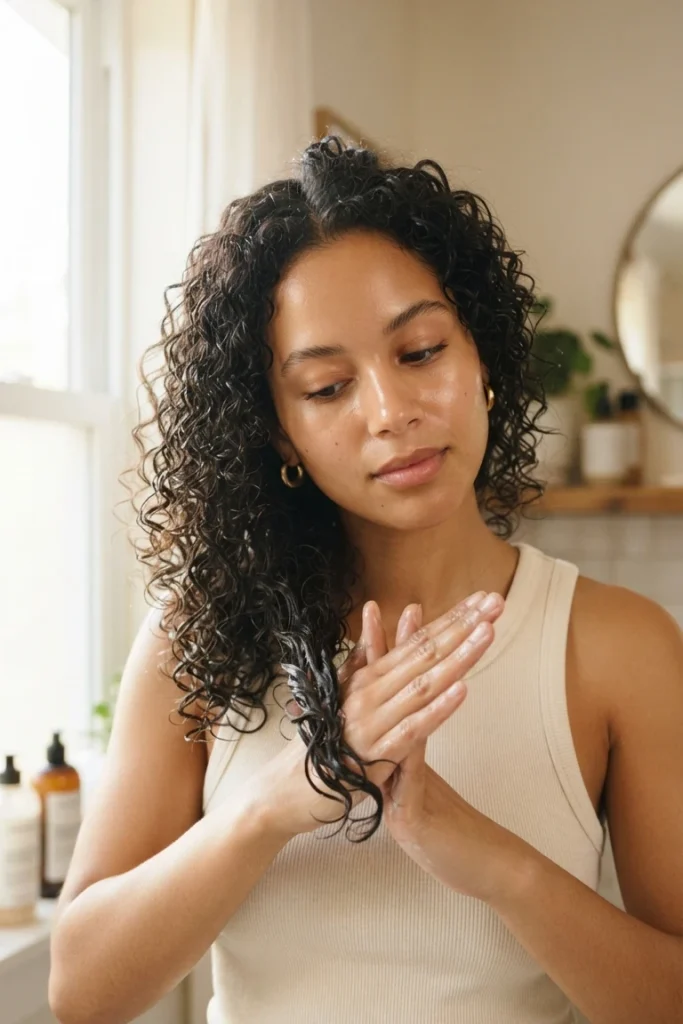 Woman applying curl cream using the praying hands method on curly hair