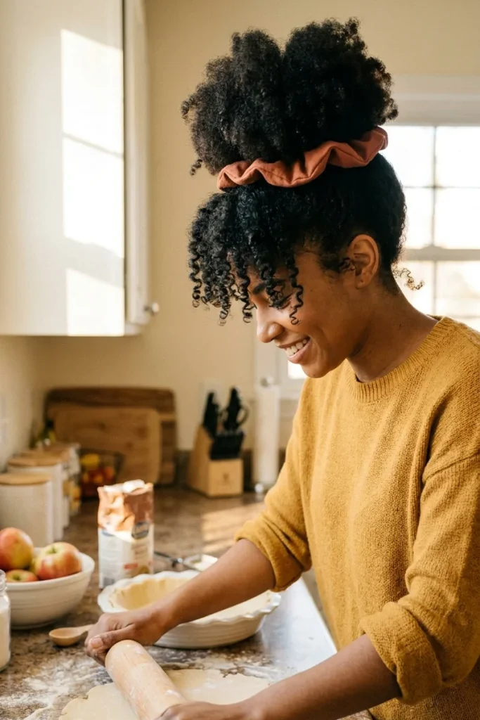 Curly high puff with a rust fabric scrunchie on coily black hair, woman rolling pie dough in a sunny kitchen