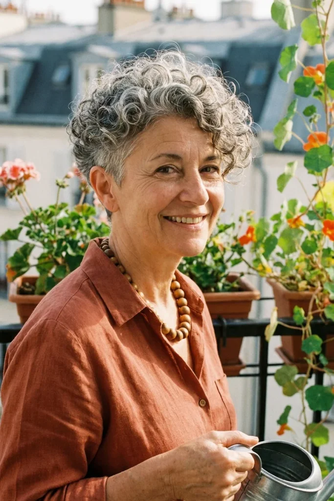 Curly gray pixie cut with defined ringlets on top and a tapered nape on a smiling woman over 50 watering plants on a balcony