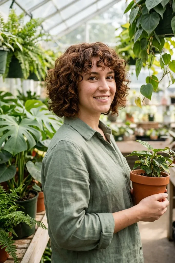 Short curly shag on chestnut brown hair with rounded even curls and curly bangs on a woman holding a plant in a greenhouse