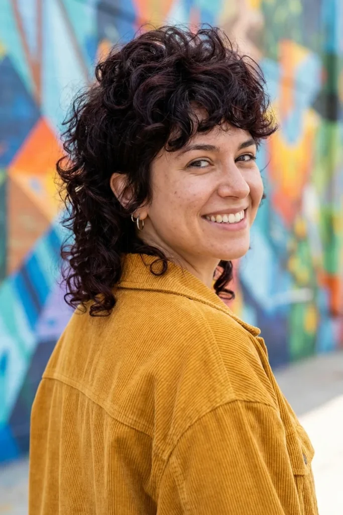 Curly short wolf cut on black hair with a burgundy tint, stacked crown curls and longer curls at the nape, woman in front of a street mural