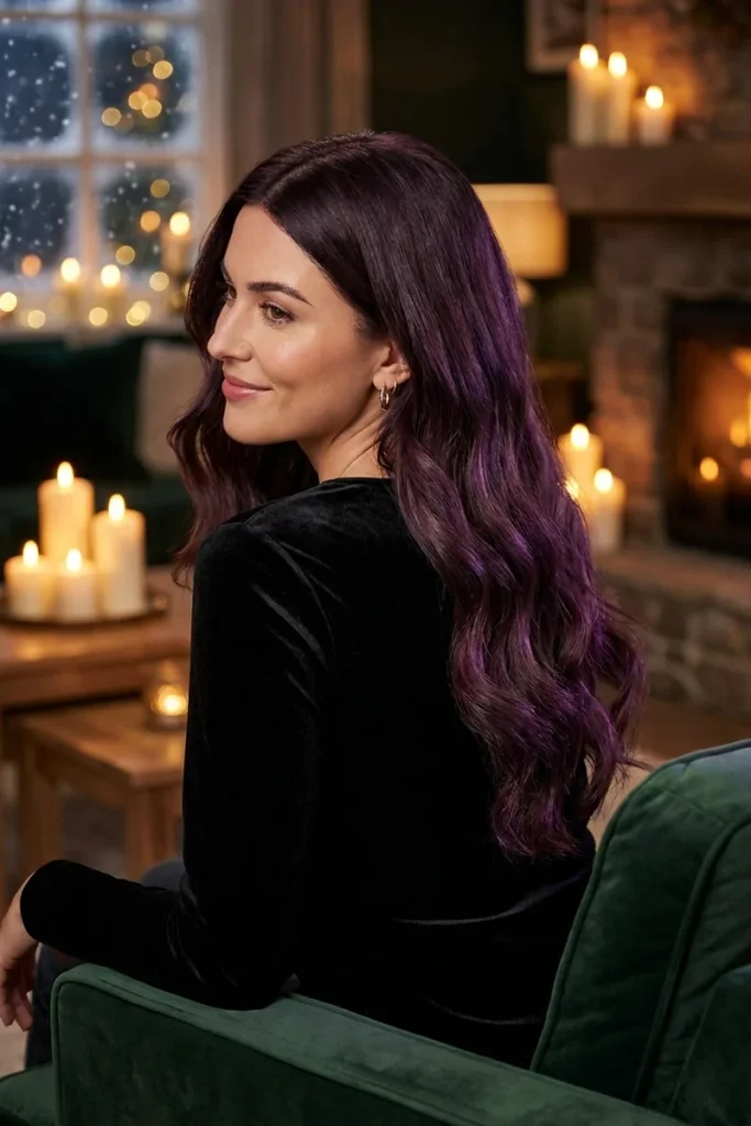 Deep plum waves with a violet glow on a smiling woman in black velvet on a green sofa by a candlelit fireplace with snow outside