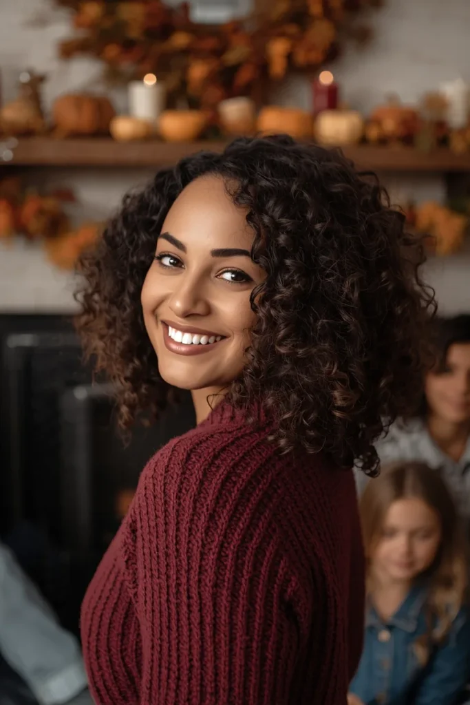 Defined shiny dark brown curls worn down, smiling woman in a burgundy sweater in front of an autumn mantel