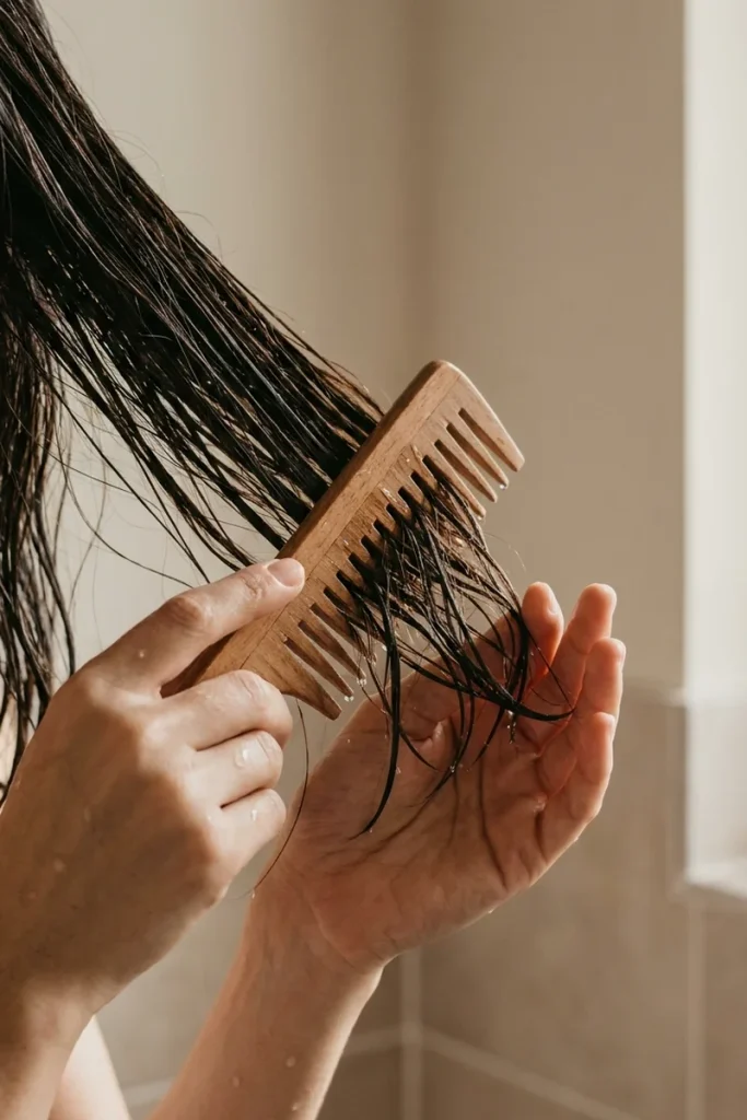 Detangling wet hair with a wide-tooth comb from ends to roots