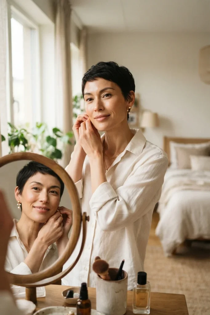 oman with prominent cheekbones and a short pixie haircut adjusting an earring in a round mirror