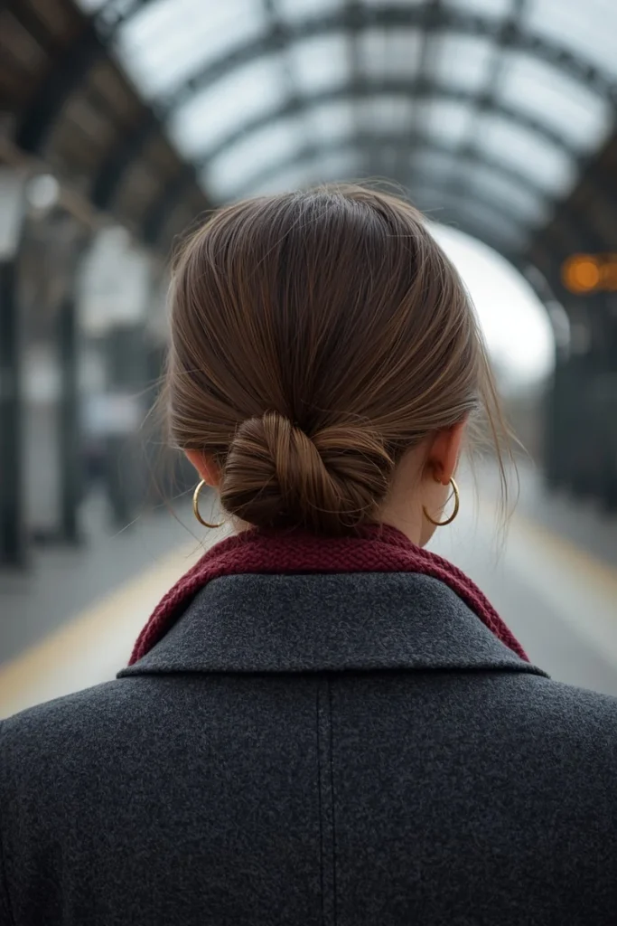 Double-knot chignon on espresso brown hair tied into a compact knot at the nape, woman in a charcoal coat and burgundy scarf at a train station