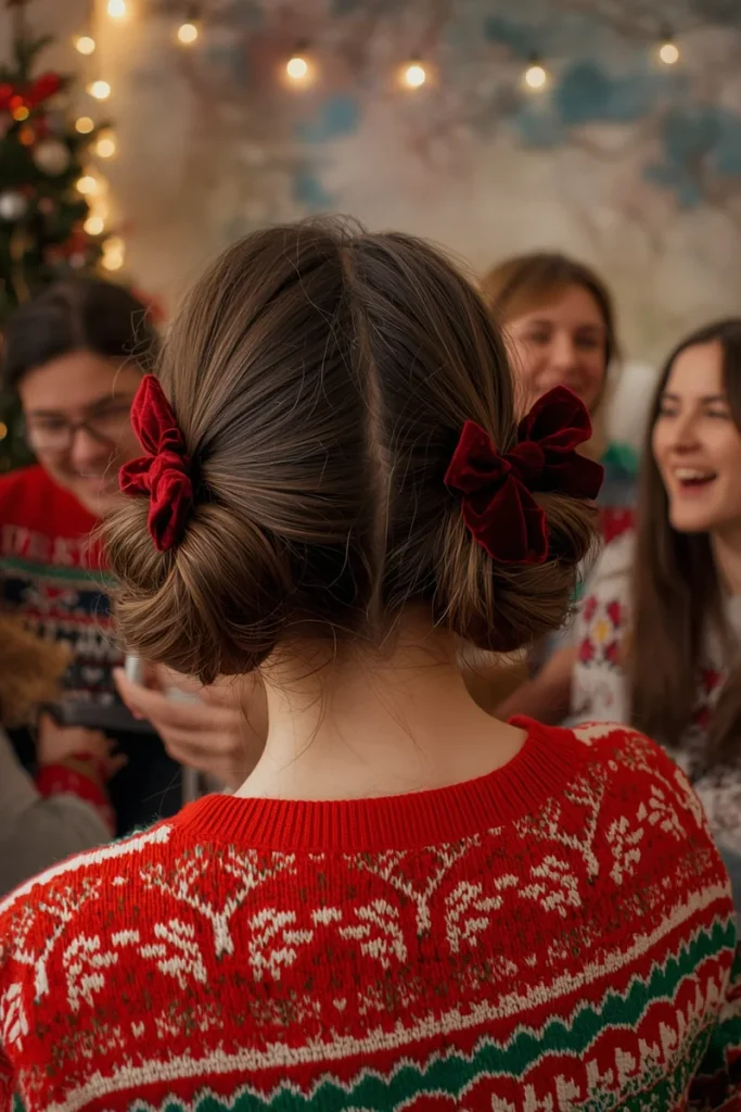 Double low buns with red velvet bows on brown hair, woman in an ugly Christmas sweater laughing with friends
