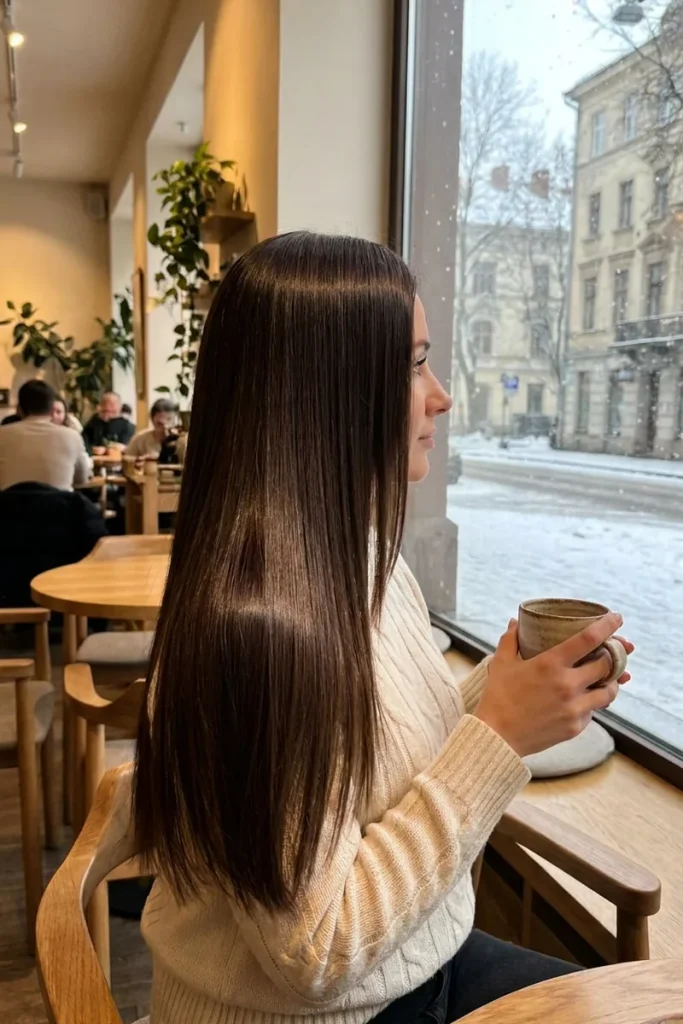 Long glossy espresso brown hair on a woman holding coffee by a café window with snow falling outside