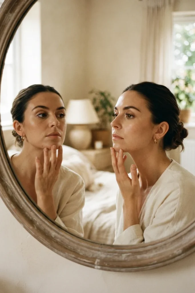 oman studying her jawline in the mirror to identify her face shape