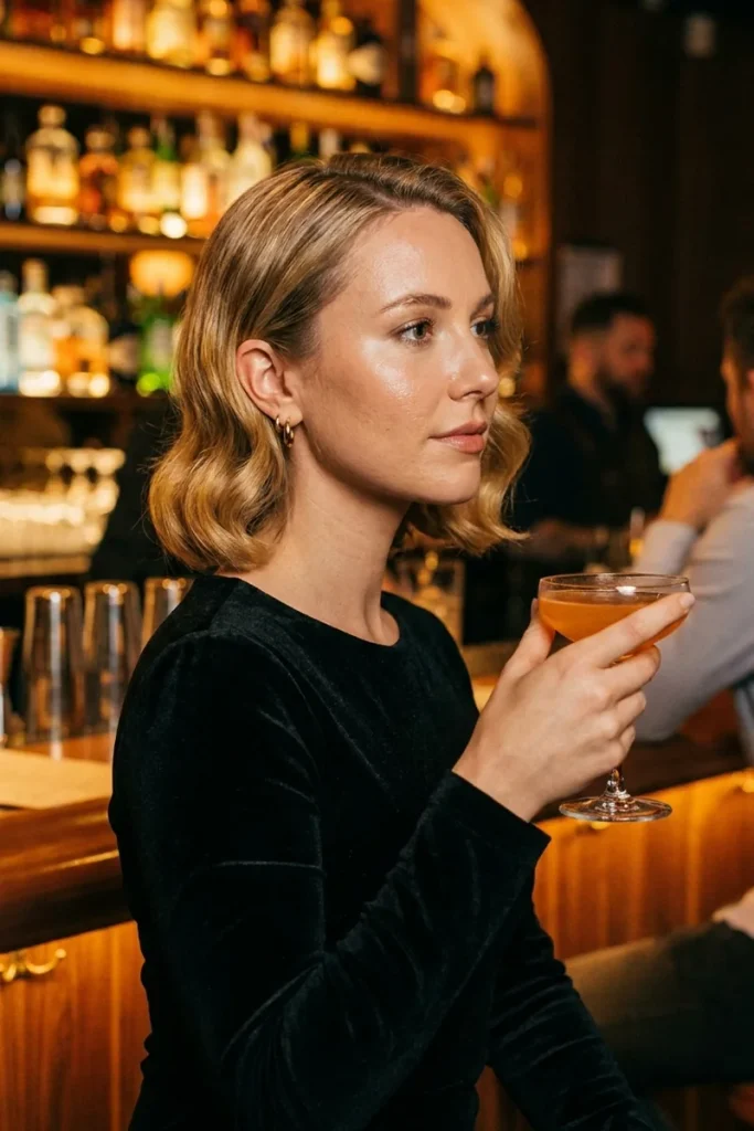 Faux bob on long golden blonde hair with glossy waves pinned to chin length, woman holding a cocktail at a bar