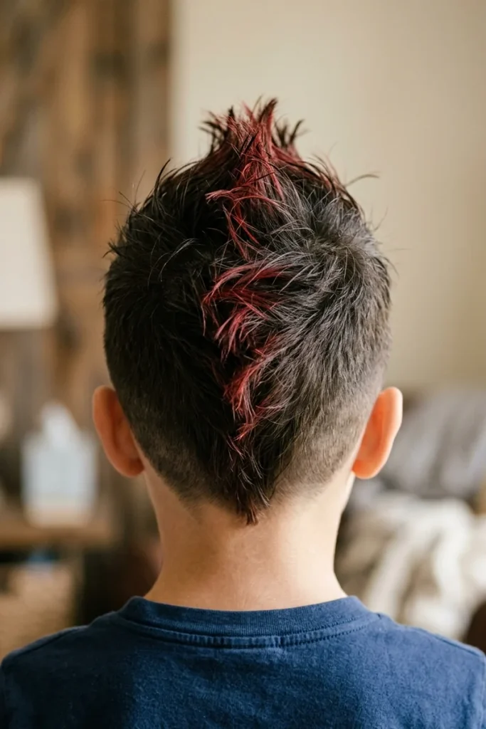Young boy's faux hawk hairstyle with a pass of temporary red hair color