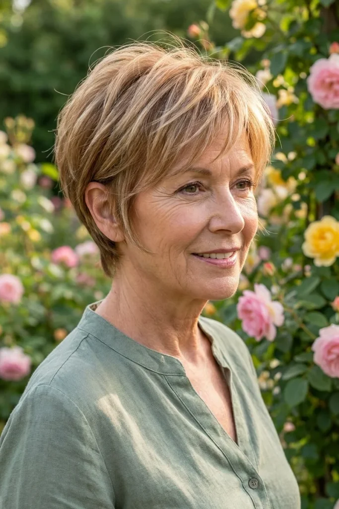 Feathered honey blonde pixie cut with wispy face-framing layers on a smiling woman over 50 in a rose garden