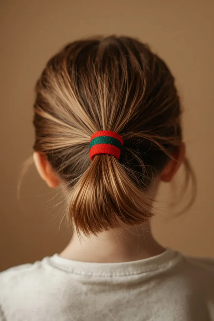 Child's simple ponytail secured with a red and green striped hair tie